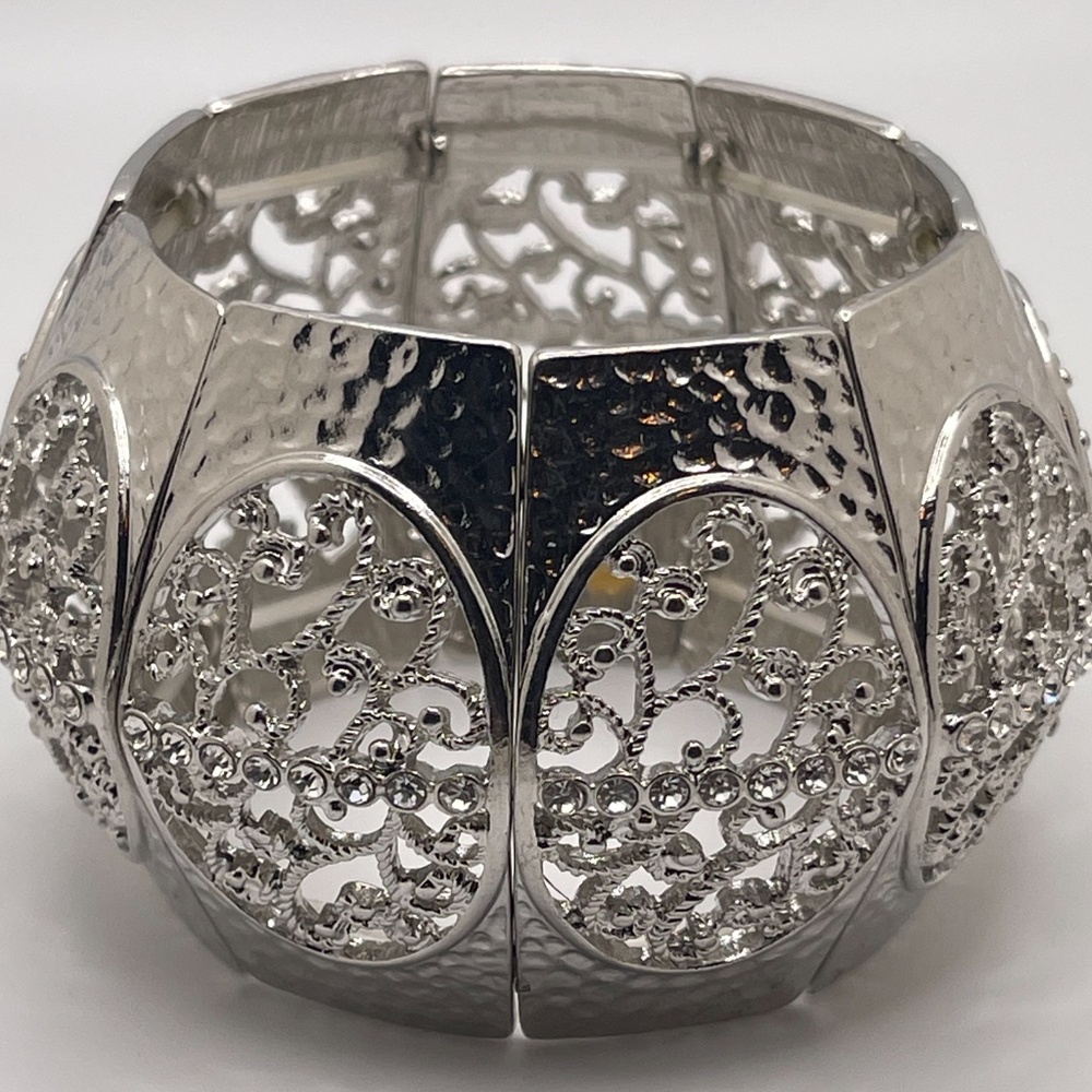 Wide Bangle Silver Color Stretch Bracelet with Rhinestone Embellishments